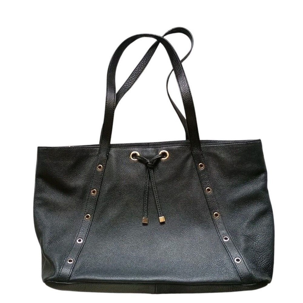 TALBOTS Shoulder Bag Purse Black Pebbled Leather Classic Gold Zip Grommets 18x10